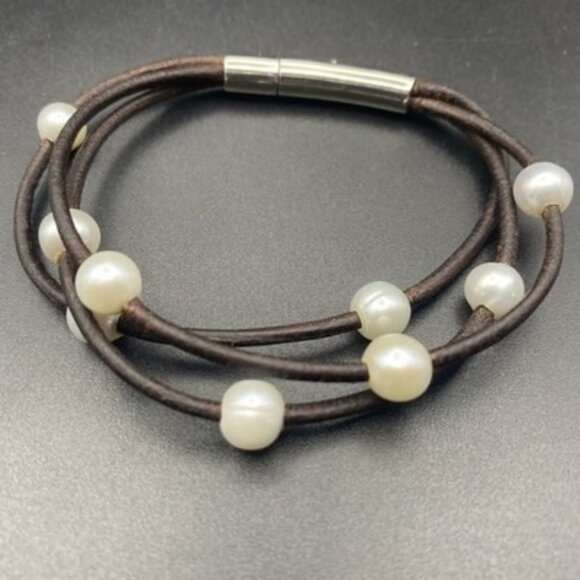 Genuine Pearl Leather Bracelet 7" Multi Strand Stainless Steel Push Lock Clasp - Picture 6 of 6